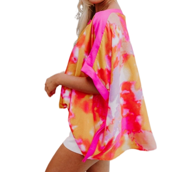 COLORFUL OVERSIZED WATERCOLOR PRINT BOHO FAUX TUCK RESORT FLOWY CAFTAN TOP OS - Picture 4 of 7